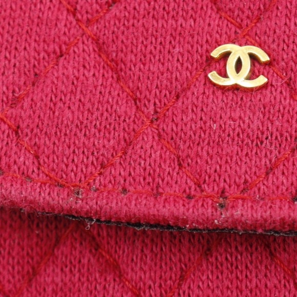 CHANEL Chain Pouch Micro Cotton Red Snap Button Women's - Picture 6 of 8